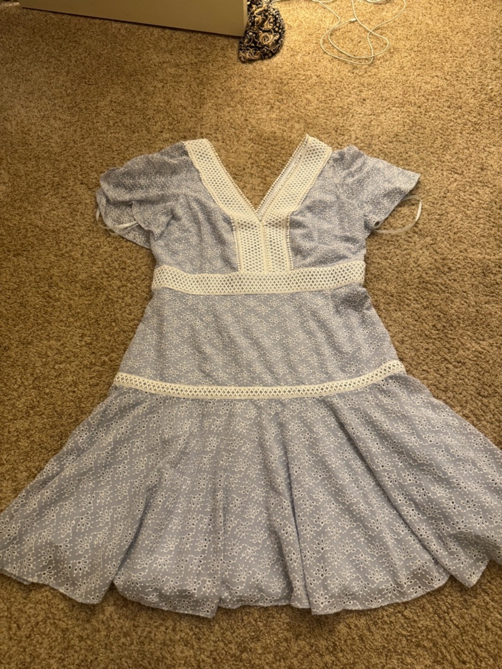 Light Blue Eyelet Lace Fit-and-Flare Dress with Crochet Trim - Picture 5 of 5
